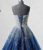 Best Navy Blue Strapless Floor Length Tulle Beading Prom Dress