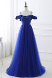 Unique Royal Blue Spaghetti Straps Off the Shoulder Ruffle Appliques Beaded Prom Dresses uk PW84