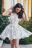 A-Line V-Neck Sleeveless Short White Tulle Homecoming Dress with Appliques PM117