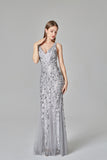 Sexy V-Neck Silver Mermaid Embroidered Sequins Long Evening Dresses XU90804
