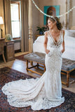 V-Neck Ruched Backless Lace Pockets Mermaid White Wedding Dress With Court Train PM303