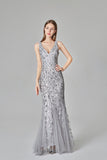 Sexy V Neck Silver Mermaid Prom Dresses, Embroidered Sequins Long Evening Dresses XU90804