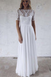 Half Sleeve Ivory Lace Illusion Beach Wedding Dresses with Chiffon Open Back Wedding Gowns W1087