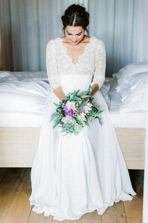 Half Sleeve V-Neck Lace Wedding Dresses with Chiffon Floor Length Ivory Bridal Dresses W1058