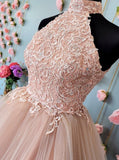 Fashion A Line Halter Champagne Tulle Homecoming Dress