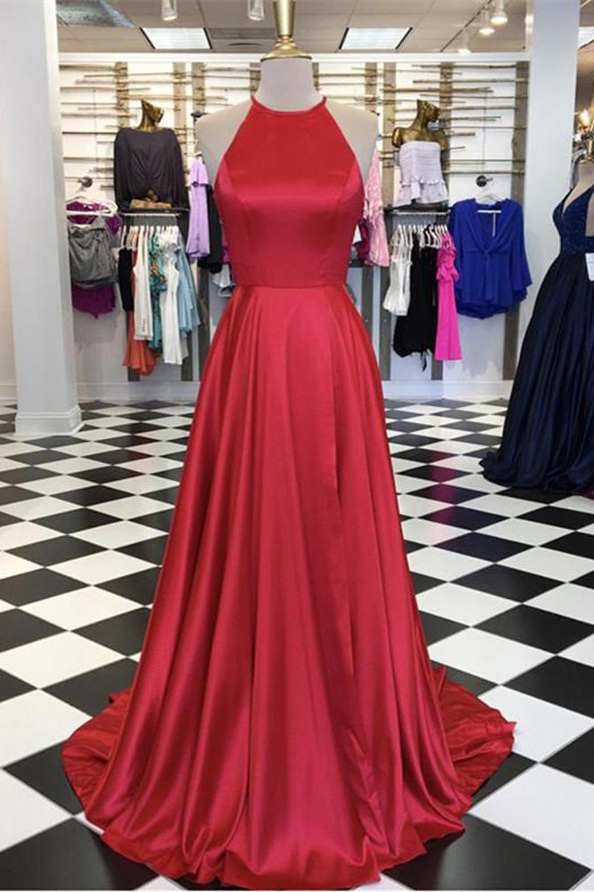 Halter Open Back A Line Red Sleeveless Prom Dresses Long Cheap Evening Dresses PW651