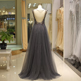 A Line Deep V-Neck Sleeveless See-Through Beading Tulle Sweep Train Prom Dress Party Dress WH70727