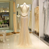 Mermaid Sleeveless Halter Sequins Tulle Split Sweep Train Prom Dress Beading Party Dress WH120719
