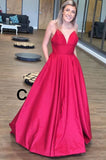 A Line Spaghetti Straps V-Neck Prom Dress with Pockets Backless Long Dance Dress P1380