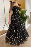 Black A-Line Sweetheart Tulle Prom Dresses with Gold Stars N381