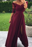 Modest Off the Shoulder Burgundy Bridesmaid Dress with Slit Prom Dress P1498