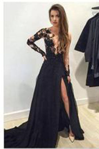 Sexy Black Long Sleeves Lace Deep High Slit V-Neck Evening Gowns