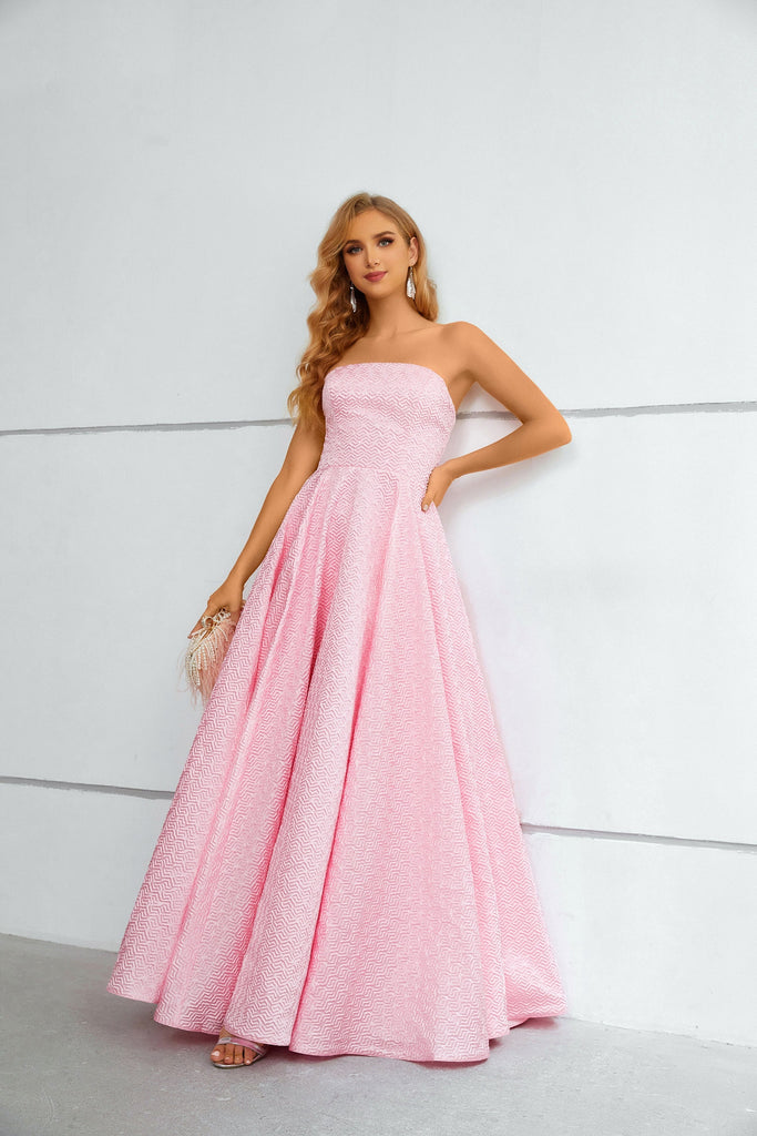 A Line Pink Strapless Floor Length Party Dresses Prom Dresses