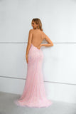 Halter Mermaid Pink Beaded and Sequins Long Prom Dresses