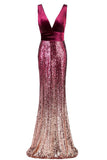 Sexy Sequins Mermaid V-Neck Burgundy Velvet Long Prom Dresses Backless Evening Dresses XU90802