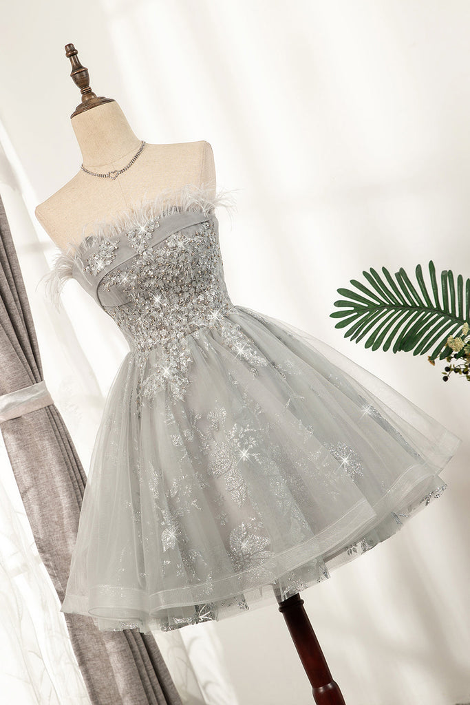 Shiny Sliver Strapless Lace Up Tulle Short Homecoming Dress