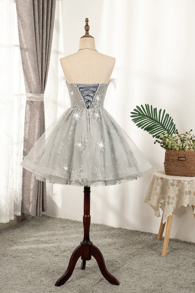 Shiny Sliver Strapless Lace Up Tulle Short Homecoming Dresses