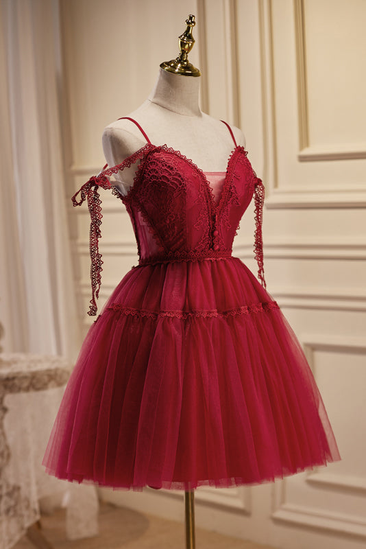 Burgundy A-line Lace Tulle Homecoming Dress LJ0569