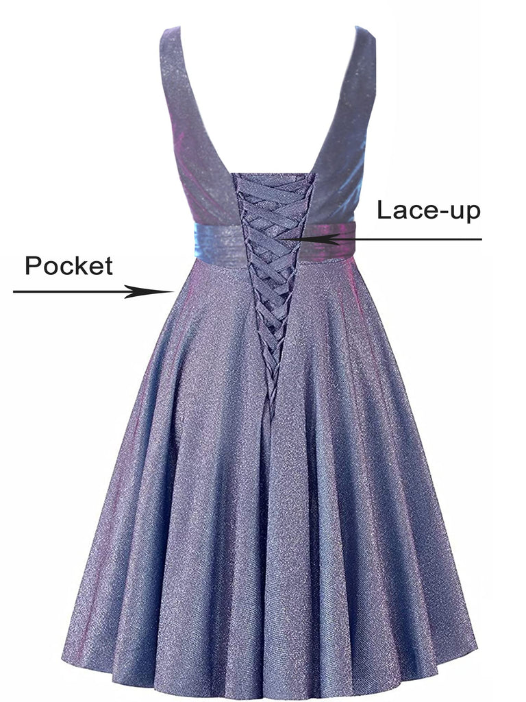 A Line Straps Grey Lace Up V-Neck Backless Pockets Short Homecoming Dress