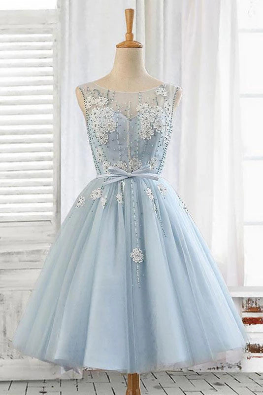 Light Blue Tulle Short Prom Dress, Scoop Straps Homecoming Dresses with Lace up H1165