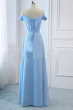 Light Sky Blue A-line Off the Shoulder Natural Waist Ruched Prom Dresses Lace up Party Dresses P1075