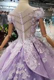 Lilac Ball Gown Short Sleeve Prom Dress with Flowers Gorgeous Quinceanera Dress PW968