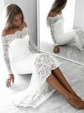 Long Sleeve Lace Appliques Sheath Off the Shoulder Prom Dress P1129