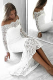 Long Sleeve Lace Appliques Sheath White Prom Dresses Off the Shoulder Wedding Dress P1129