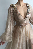 Long Sleeve Sequin V Neck Prom Dresses with Split Handmade Flowers, Evening Dress PW800