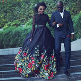 Long Sleeve Two Piece Black Floral Prom Dresses with Beading Lace Evening Dresses PW757