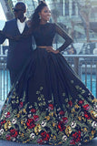 Long Sleeve Two Piece Black Floral Prom Dress with Beading Lace, Evening Dresses PW757