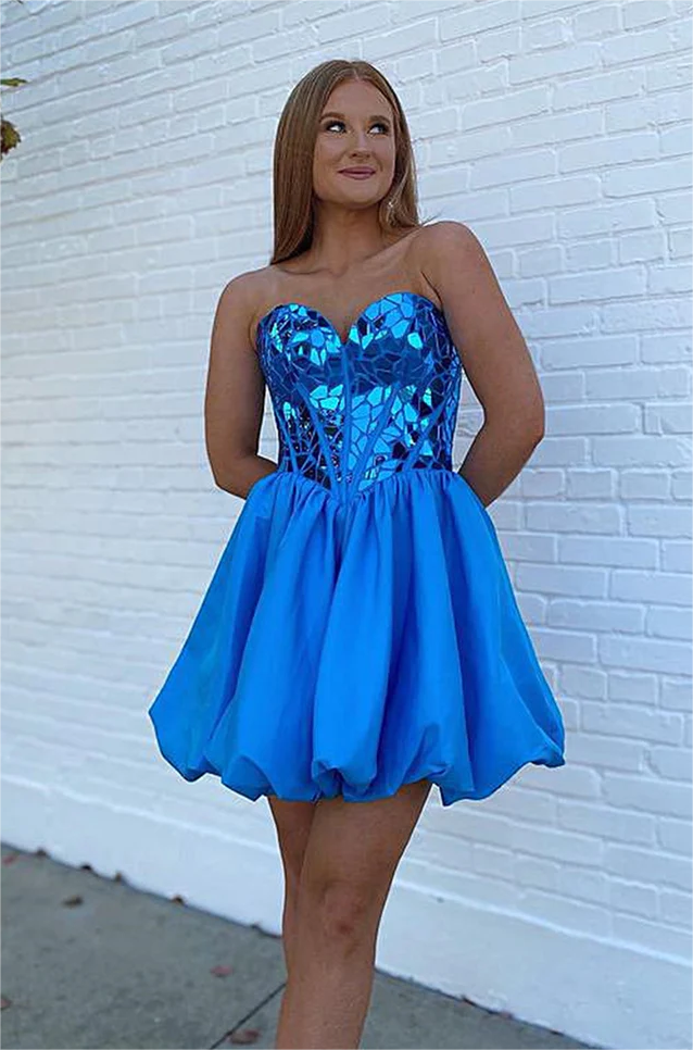 Lovely Sweetheart Blue Homecoming Dresses with Sleeve N361