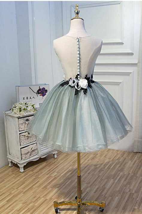 Luxury Waist Flowers See Through Backside Dresses Short Tulle Homecoming Dresses H1335