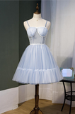 A Line Sky Blue Beaded Lace Up Ball Gown Tulle Homecoming Dresses