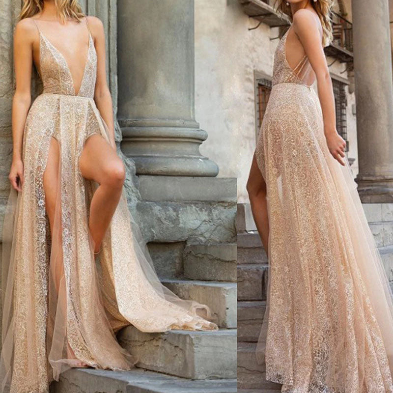 Sexy Lace Spaghetti Straps Backless V-Neck Long Prom Dresses with High Split P1165