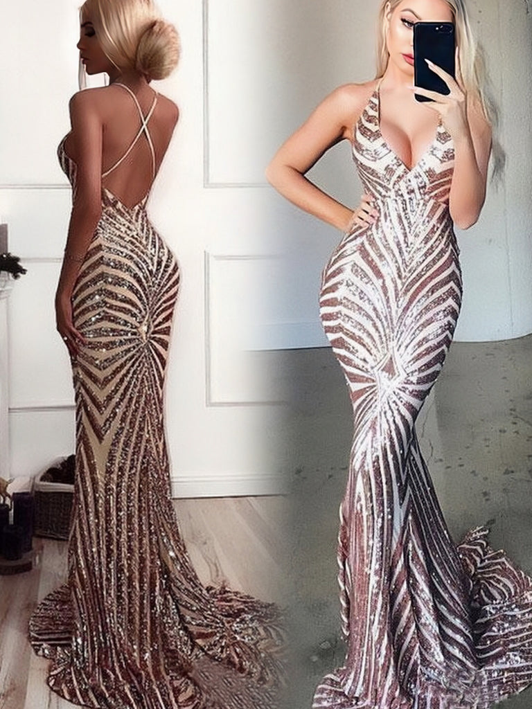 Mermaid Deep V-Neck Sequins Long Prom Dresses PW534