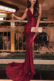 Mermaid Burgundy Side Slit V Neck Spaghetti Straps Prom Dresses, Formal Dresses PW832