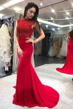 Mermaid High Neck Open Back Red Prom Dresses with Beads, Long Evening Dresses P1008