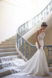 Mermaid Ivory Spaghetti Straps V Neck Wedding Dresses Lace Satin Bridal Dresses PW661