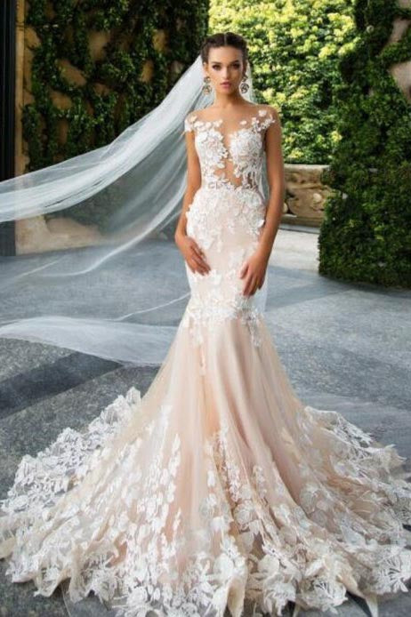 Mermaid Light Pink Backless Lace Appliques Wedding Dresses Short Sleeve Bridal Dress PW510