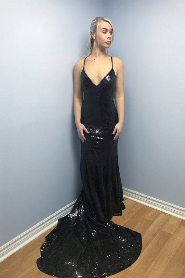 Mermaid Spaghetti Straps Backless Black Sequined Prom Dresses, V Neck Formal Dress P1005