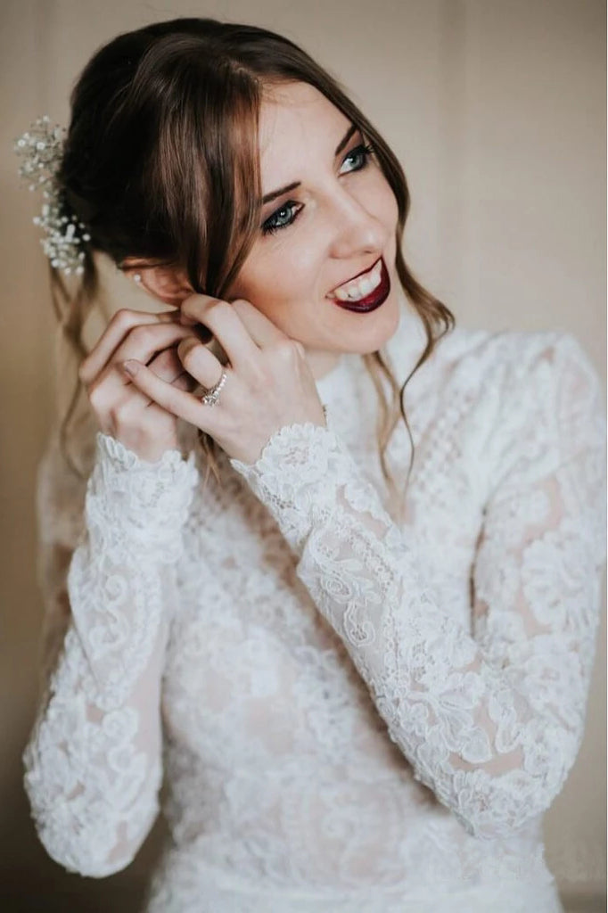Modest Long Sleeve Lace Mermaid Wedding Dress Rustic Bridal Gown Beach Bridal Dress W1076