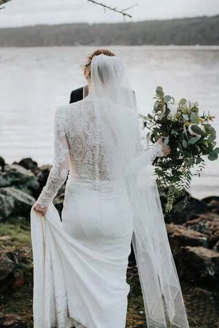 Modest Long Sleeve Lace Mermaid Wedding Dress Rustic Bridal Gown Beach Bridal Dress W1076