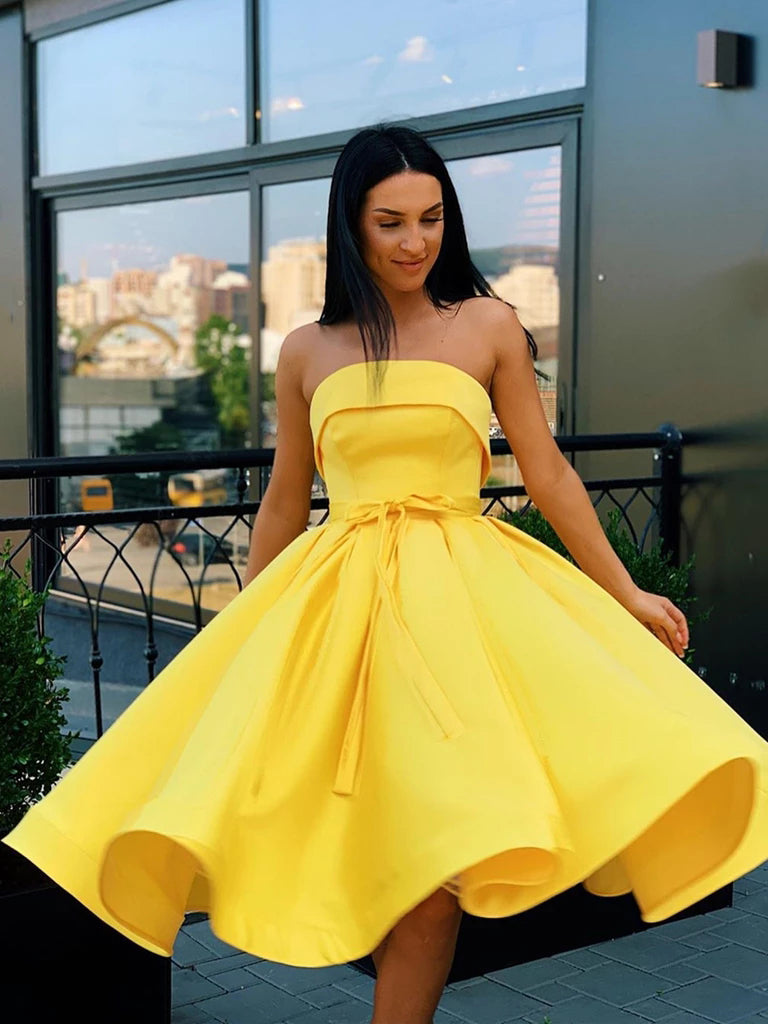 Simple Strapless Yellow Satin Short Ball Gown Cocktail Homecoming Dress H1272