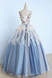 Princess Ball Gown Appliques Blue Tulle Prom Dress Sweet 16 Dress Quinceanera Dress P1346