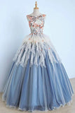 Princess Ball Gown Appliques Blue Tulle Prom Dresses, Sweet 16 Dress, Quinceanera Dress P1346