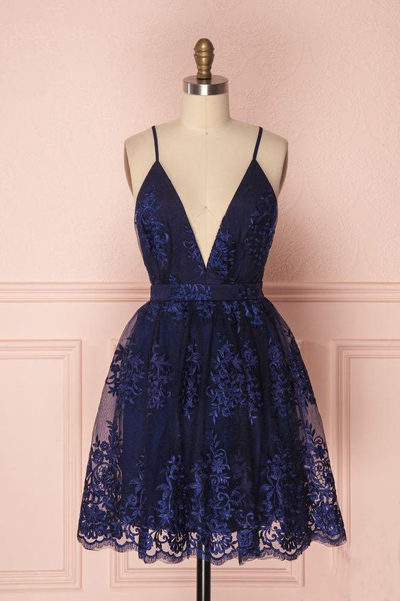 Navy Blue Deep V Neck Lace Spaghetti Straps Homecoming Dresses, Short Prom Dresses H1116