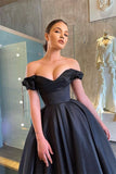 Black Satin Tea-Length Party Dresses Off-the-Shoulder Homecoming Dresses PD0553
