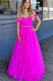 Off-the-shoulder Fuchsia Tulle Long Prom Dresses with Belt N358
