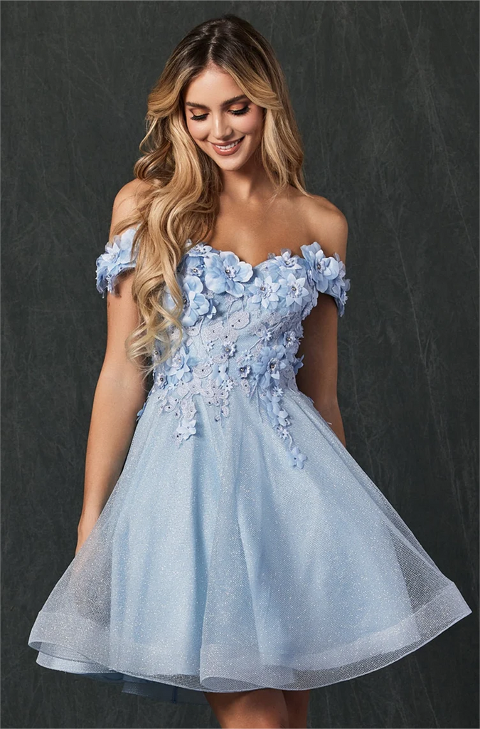 Off-the-shoulder with 3D Flowers Appliques Homecoming Dress N360